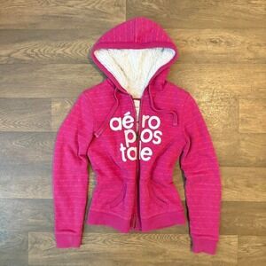 VTG Y2K Mall Core Twee Aeropstle Fur Lined Embroidered Hooded Zip Sweatshirt M